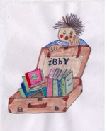 Disegno di un bambino e di una valigia piena di libri