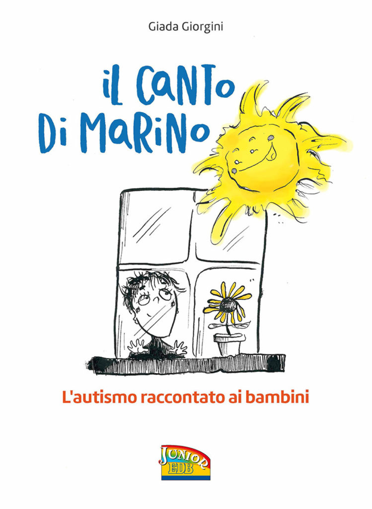 Disegno di bambino alla finestra con sole che splende