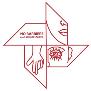 Simbolo di No barriere per la comunicazione: girandola con disegni di mano, bocca, occhi, orecchio