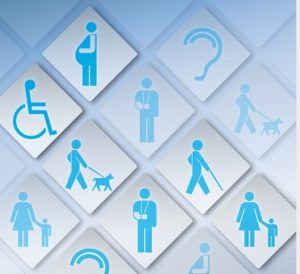 Simboli azzurri accessibilità: sedia a ruote, donna incinta ecc