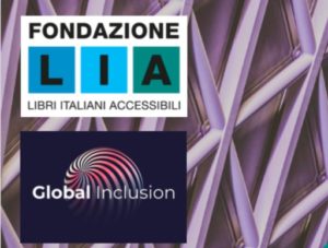 Simboli di fondazione LIA e global inclusion su sfondo a quadri viola